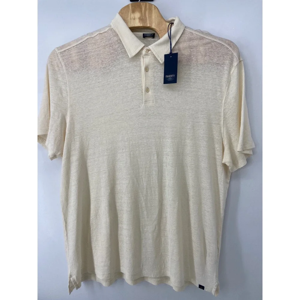 Faherty Polo Mens 2XL Ivory Short Sleeve Linen Coastal Breathable Light Resort